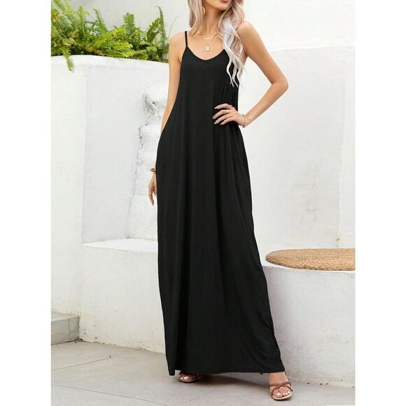 Everyday the Label V-Neck Maxi Cami Dress with Pockets Women Black Dresses - Picture 3 of 3